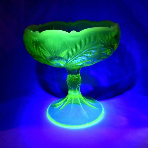 Mosser Vaseline Glass Large Thistle Compote Uranium Glows - Picture 2 of 8